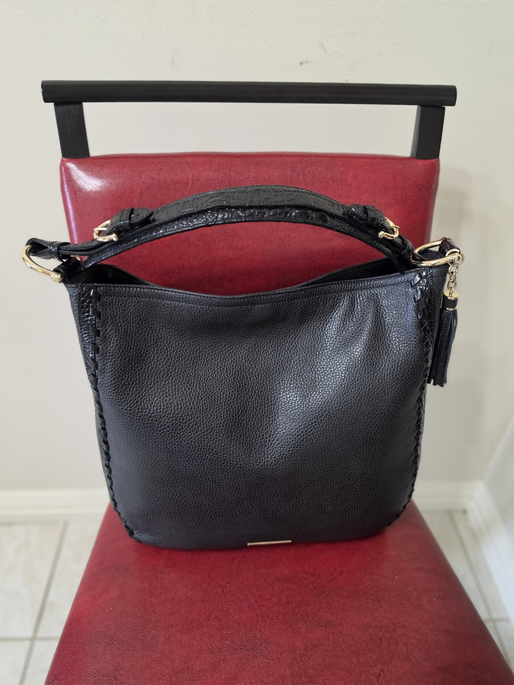 Brahmin Black Leather Hobo Bag with Tassel